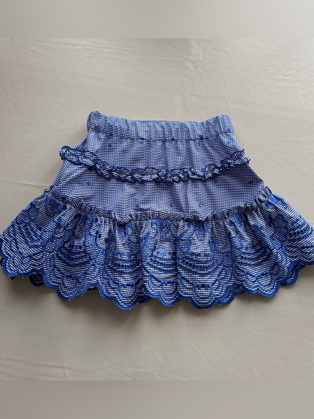 ALEXIS Blue Gingham Embroidered Ruffle Mini Skirt Elastic Waist XS-M